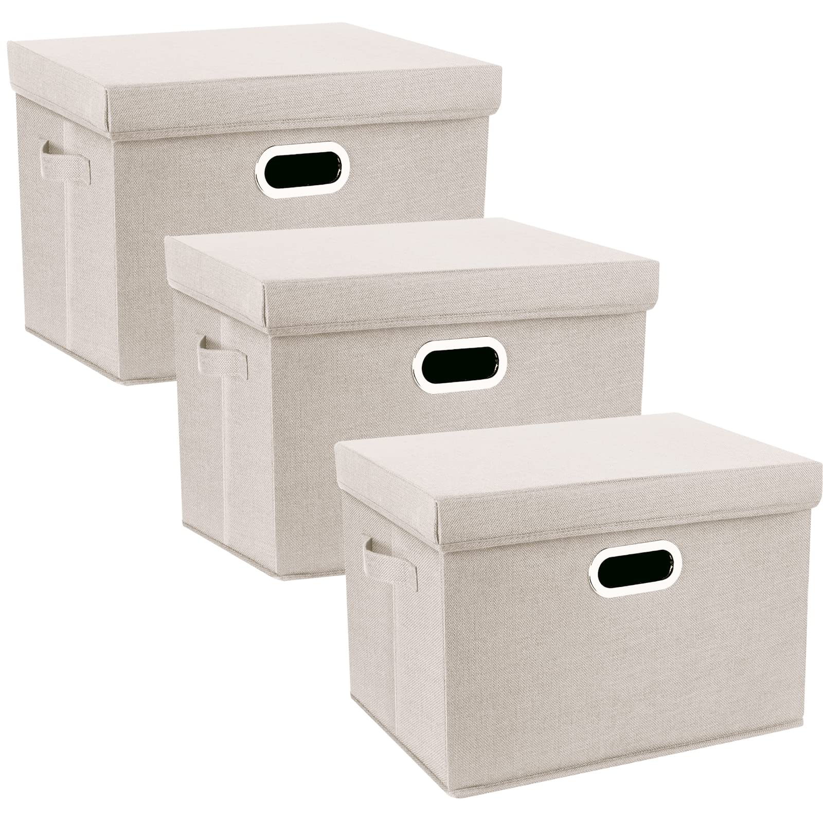 TYEERS Large Storage Box with Lid, Collapsible, Washable, Fabric Storage Box for Clothes, Wardrobe Storage, 44x30x29 cm, Set of 3, Beige