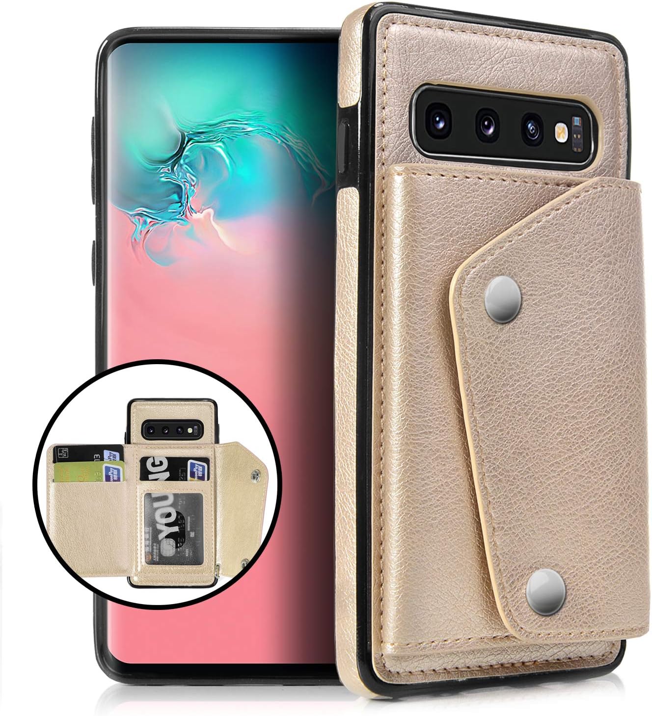 Samsung Galaxy S10 Plus Case Wallet with Card Holder,Vodico Slim fit Flip Folio Sleek Textured Vegan Leather Cover with Card Slot,Money Pocket&Wrist Strap Stand Phone Case for Men/Women (Gold)