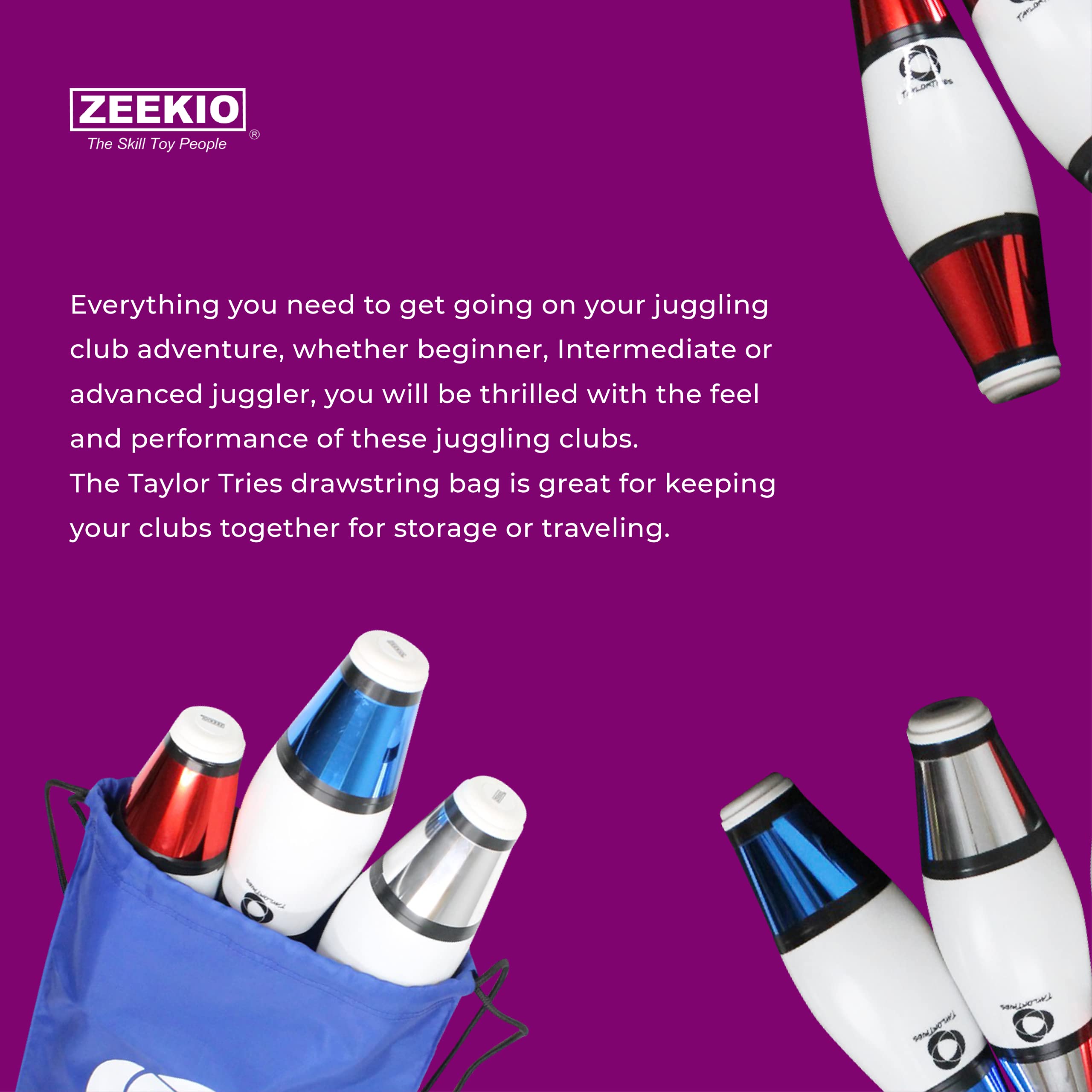 Zeekio Taylor Tries Signature Juggling Club Set with Drawstring Bag (Blue Silver Red)