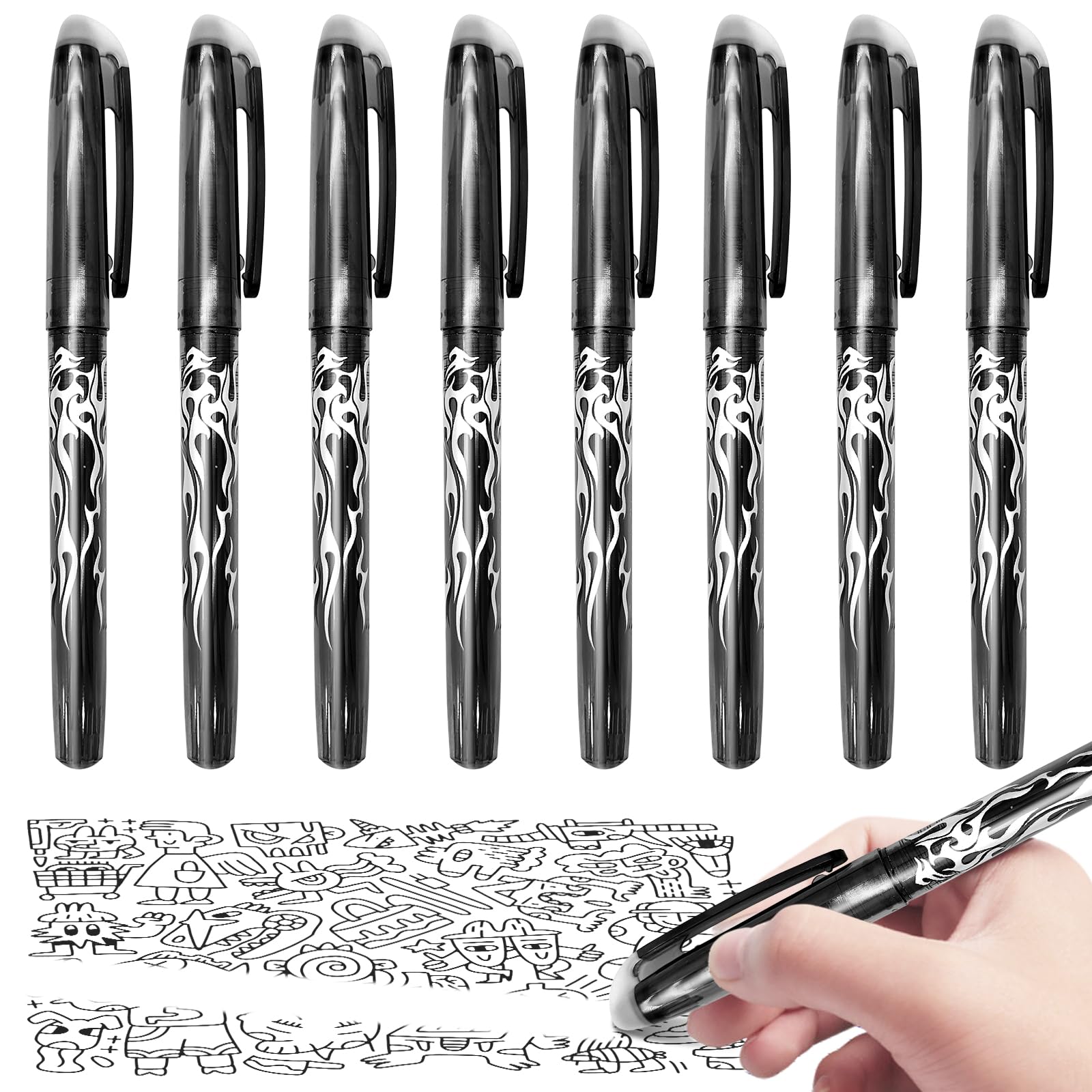 Obidodi 8 Erasable Gel Pens with Rubbers, Black, 0.5mm, Friction Pens for Kids and Adults