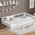 LLS Twin Floor Bed for Kids Solid Wood Montessori Bed Frame with Safety Guardrails Multifunctional Montessori Floor Bed for Toddlers, Without Door, Easy Assemble, White