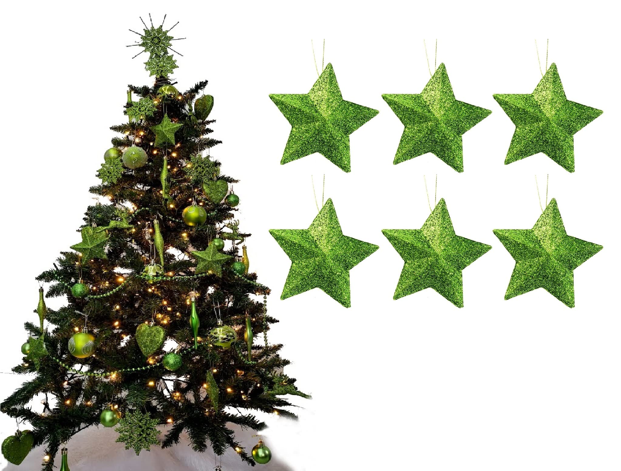 Pack of 6-8cm 3D Glitter Star Baubles Christmas Tree Decorations (Lime) — image 1