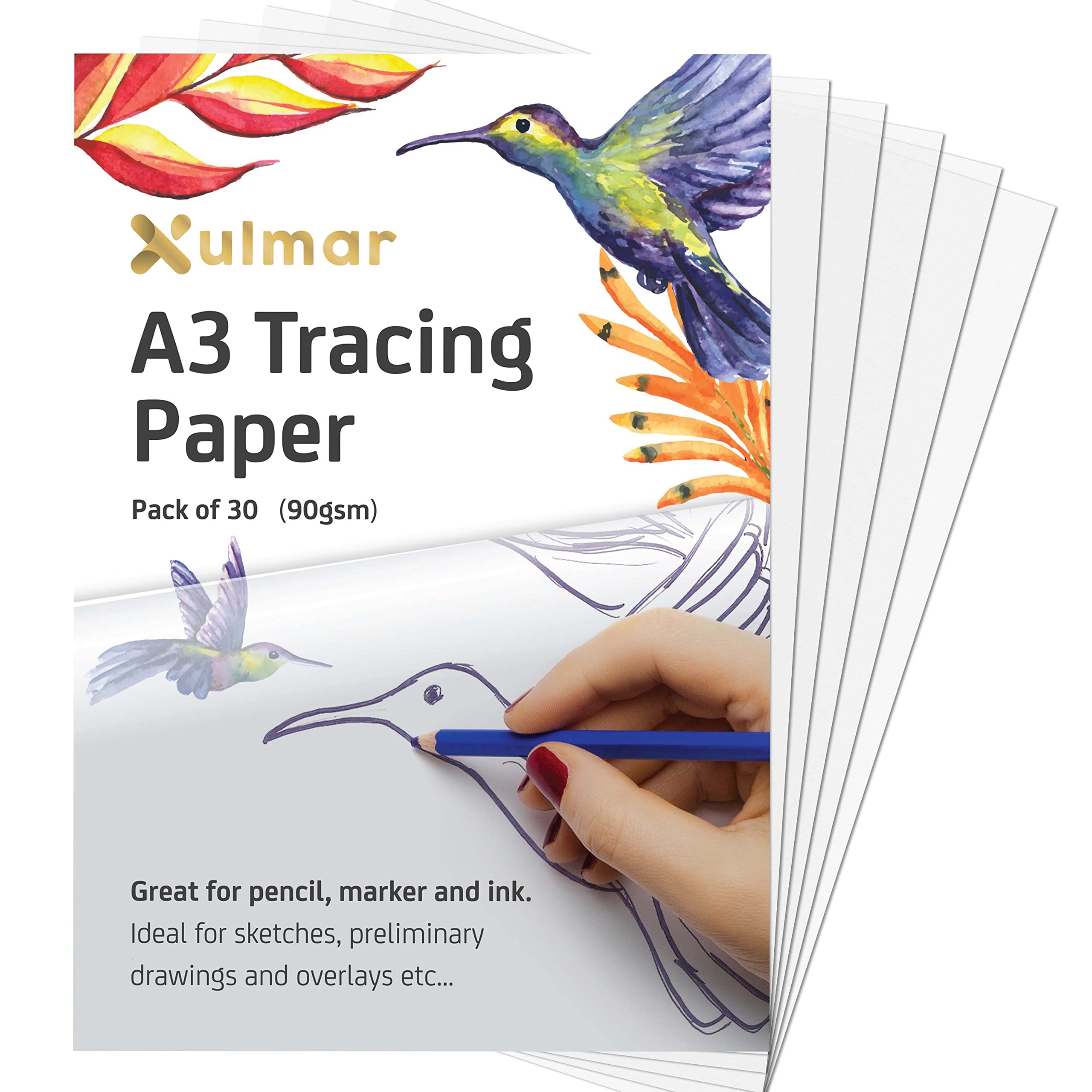 Xulmar Tracing Paper A3 90 GSM - Pack of 30 Sheets Tracing Paper for Sewing Patterns, Drawing Overlays & Sketching on Art Paper