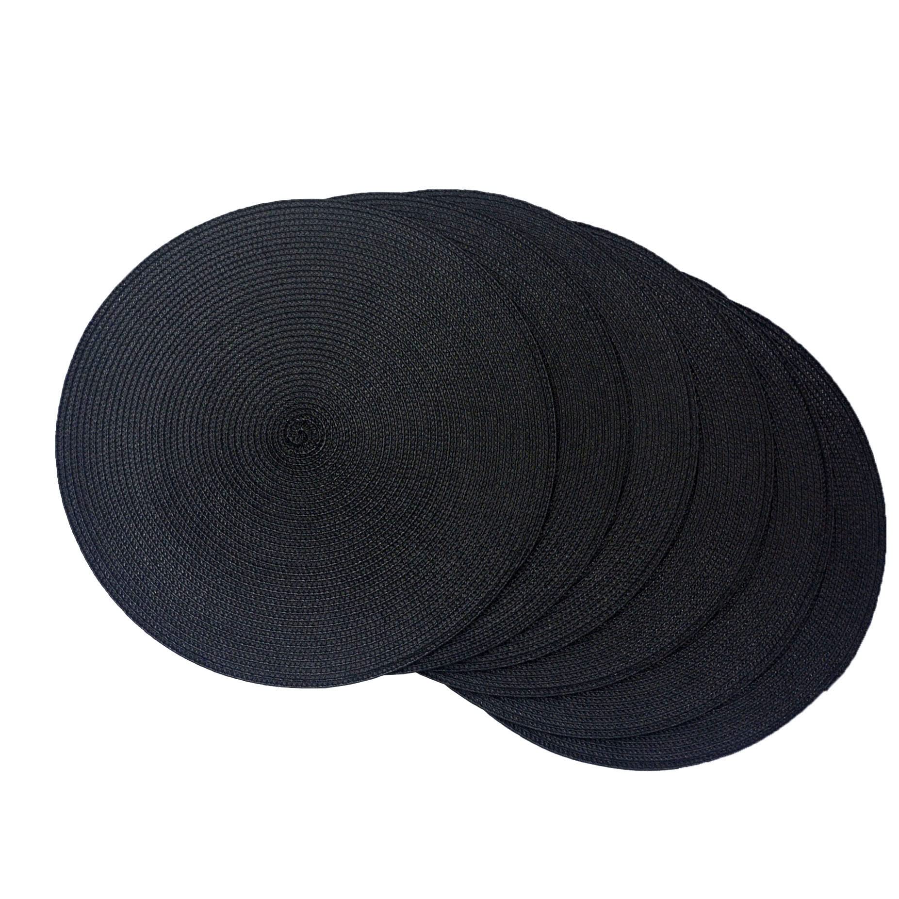 SCF2017 Round Woven Plastic Placemats 38cm Stylish and Practical Dining Table Mats,Set of 6,Black