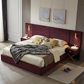 Olodumare Luxurious King Platform Bed Frame, Velvet Upholstered Headboard with 2 Built-in Wall Sconces &amp; Nightstands, Sturdy Metal &amp; Solid Wood Frame, Squeak-Free, No Box Spring Needed, Burgundy Red