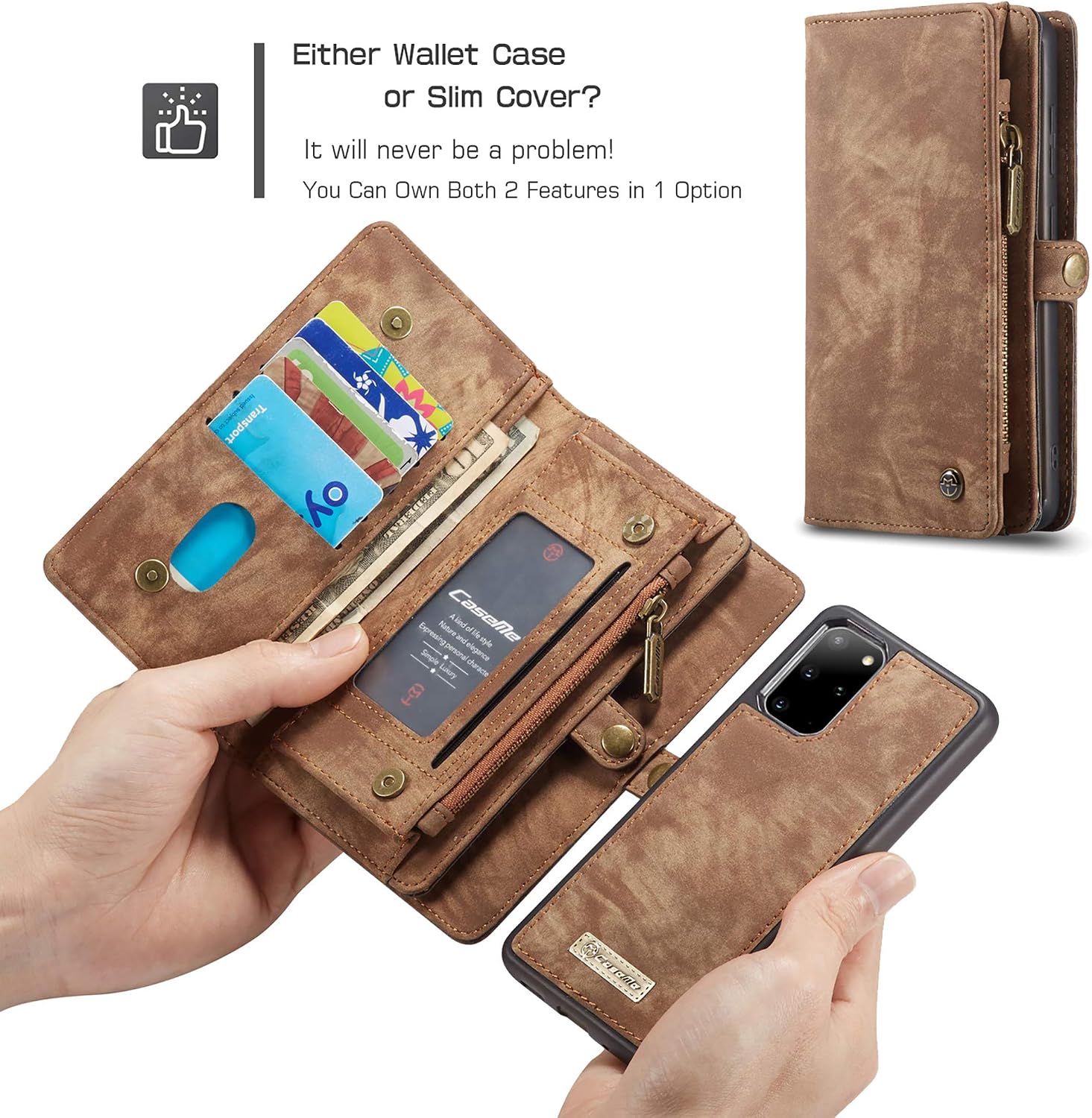 UFinetech Detachable Samsung Galaxy S20 FE Case Wallet Leather TPU Magnetic Flip Slot Card Holder Zipper Stylish 2020 Luxury 2-in-1 Multifunction Purse Holster Cover for Samsung Galaxy S20 FE 5G Brown - Image 5