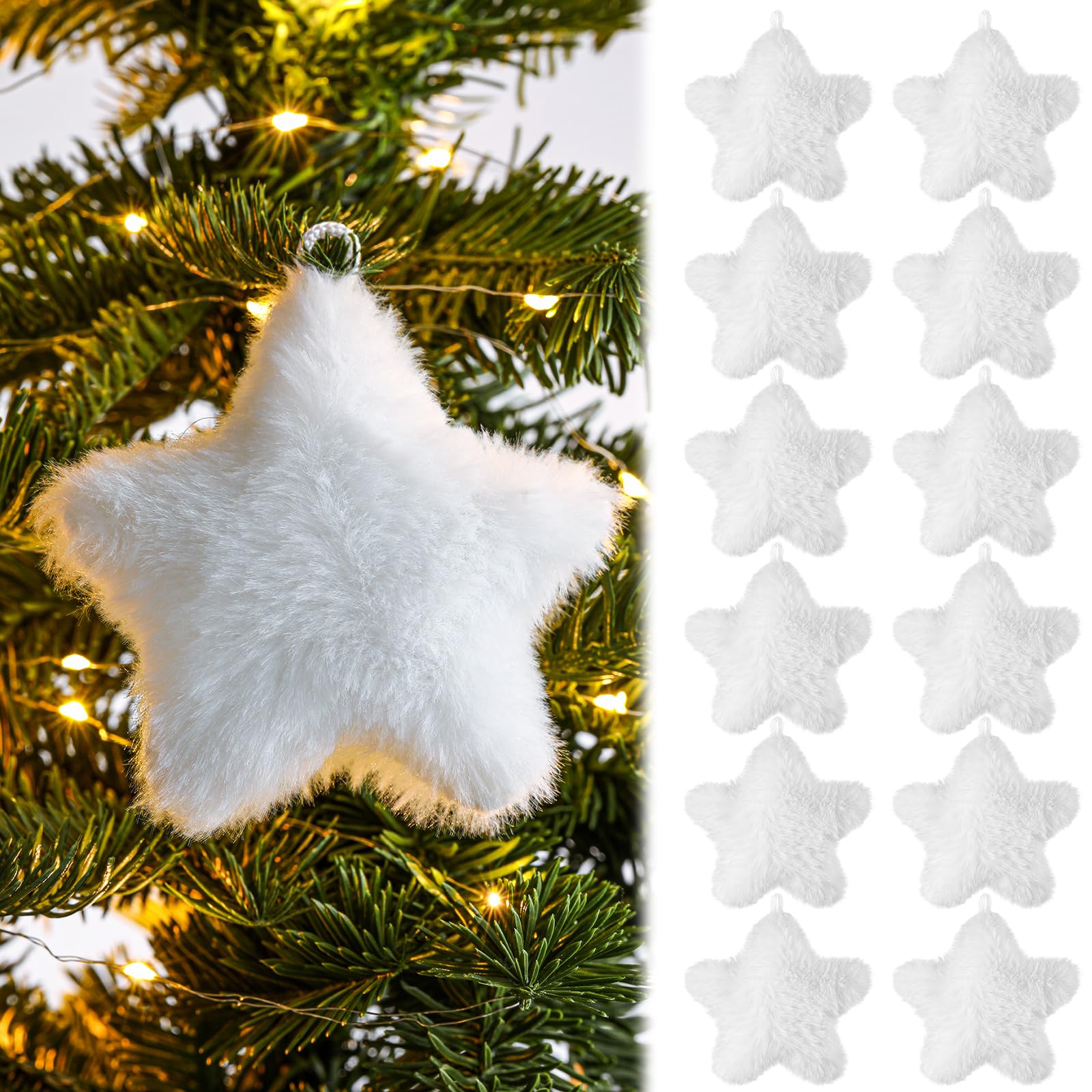 Photo 1 of 12 Pcs Fur White Christmas Tree Star Decor Furry Farmhouse Star Hanging Ornaments Rustic Boho Christmas Ball Decorations for Xmas Tree Indoor Outdoor Home Office Decor