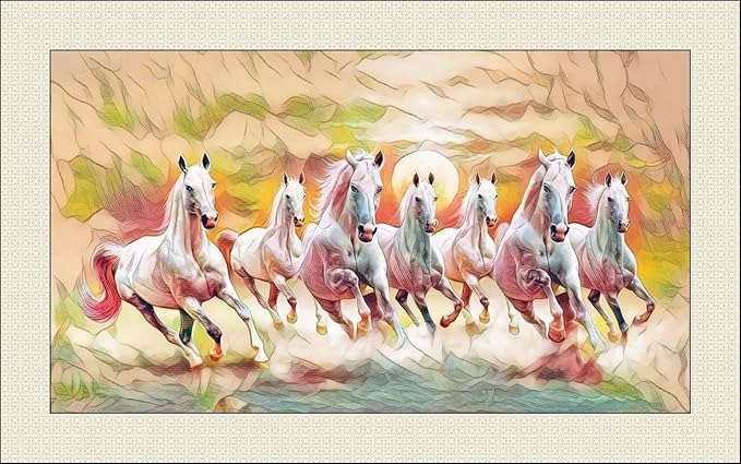 Large Size Seven (7) Horses Painting Multi Colour (Horses are Going in Right Direction as per Vastu & Fengshui) with Frame on 410 GSM Canvas -Size 30x20 inch