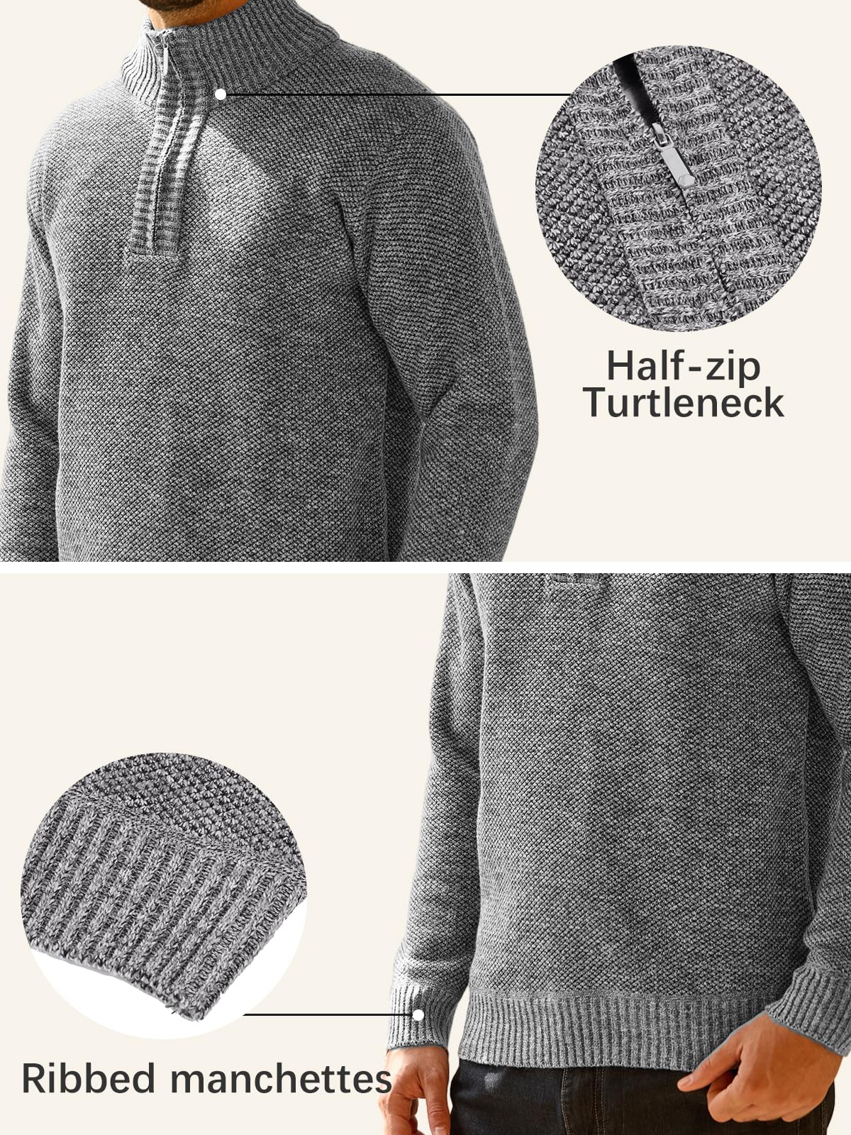 Les umes Herren Viertelreißverschluss Strickpullover Fleecegefütterter Strick Stehkragen Pullover Warm Lichtgrau XL 5