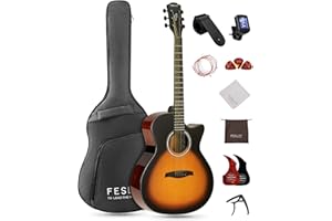 Fesley Full Size Acoustic Guitar Kit, 41'' Steel String Cutaway Grand Auditorium Guitar with Upgraded Gig Bag, Capo, Strap, Strings, Picks, Winder, FF60 Sunburst
