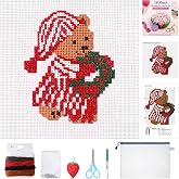 XunYee 18 Mesh Needlepoint Canva for Beginner, Bear | 18 Mesh Needle Point Printed Pattern for Adult, Embroidery Threads Needles Scissors Storage Bag, Christmas DIY Craft