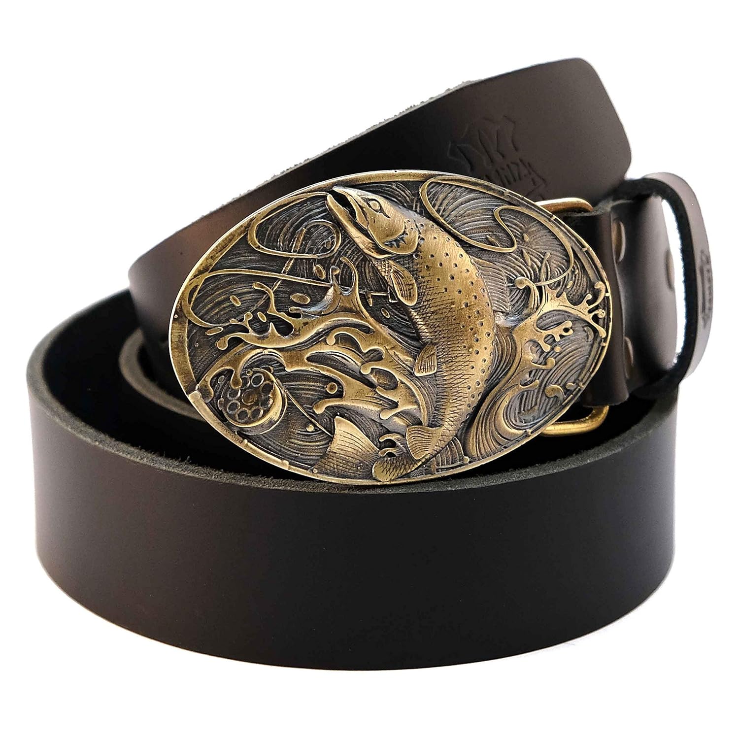 Leather Belt with brass buckle Trout, Handmade fisherman