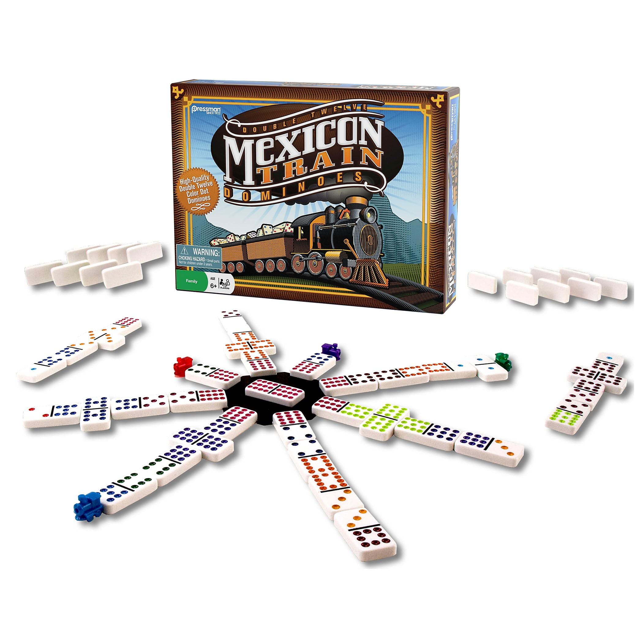 Pressman Mexican Train Dominoes - Beautiful Color Dot Double 12 Dominoes Set - Includes Train Markers and Hub Multi Color, 5"