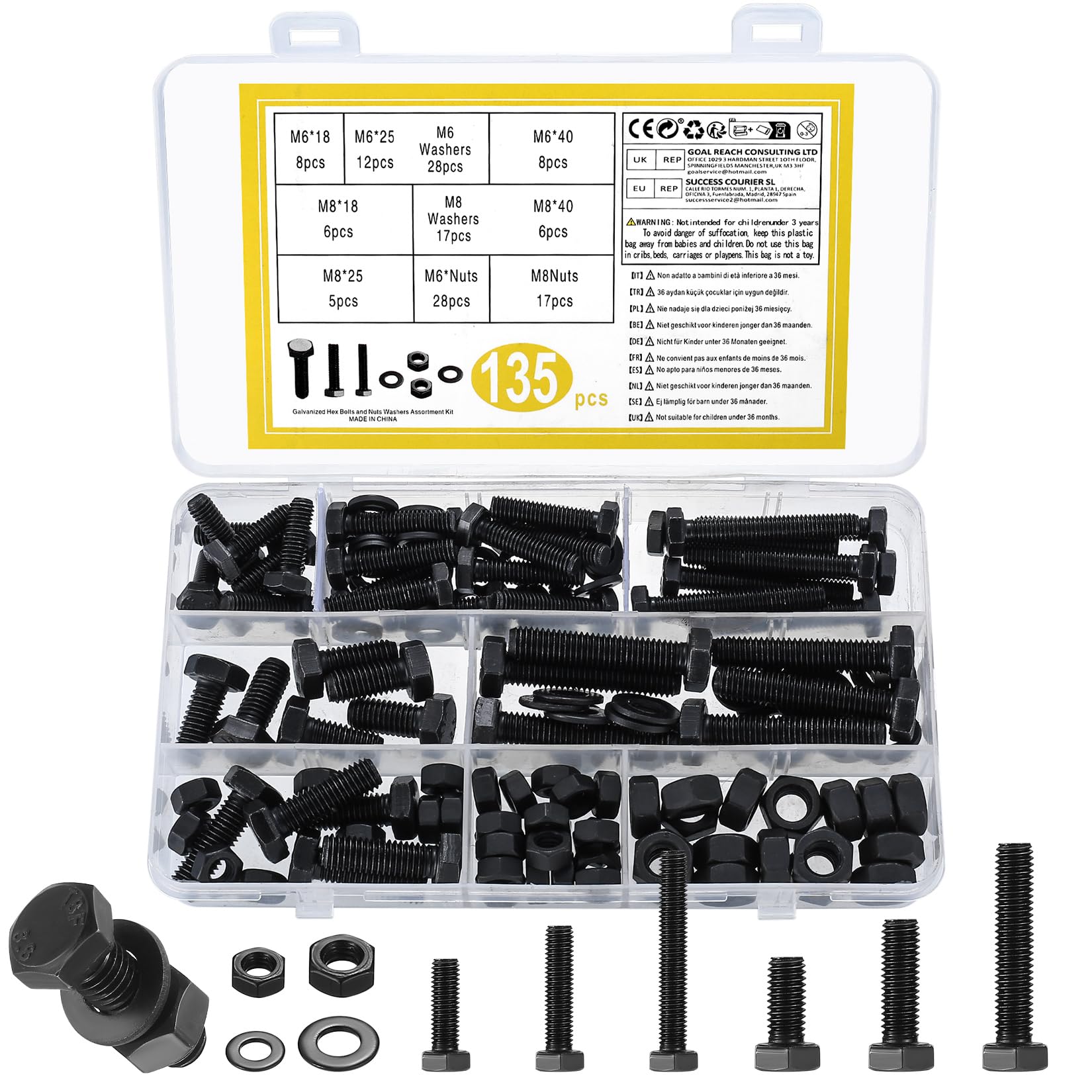 135 Pcs M6 M8 Hex Bolts and Nuts Set, Hex Nuts and Bolts and Washers Assortment Kit, Carbon Steel Assorted Machine Screws and Washers Sets for Repair Bike, Black