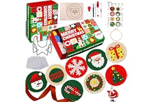 Vellibring 8 Pcs Christmas Punch Needle Coasters Kit, DIY Punch Needle Embroidery Kit for Beginners Including Classic Patterns, Tools, Yarns, Hoop, Instruction, Coaster Holder Art Craft Supplies