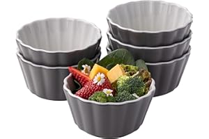 LUSTIDE Ramekins 12Oz Oven Safe, Set of 6, Porcelain Souffle Custard Cups Dishwasher Safe and Microwave Safe, Flower-Shaped Condiments Cups,Slate Gray.
