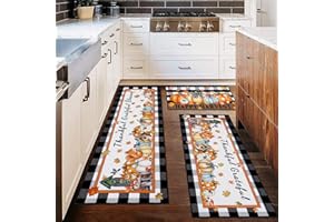 Ileading Fall Kitchen Rugs Set of 3 Piece Fall Kitchen Mats for Floor with Non Slip Backing,Washable Fall Runner Rug for Sink Laundry Hallway Indoor Holiday Thanksgiving Decoration(Plaid Pumpkins)