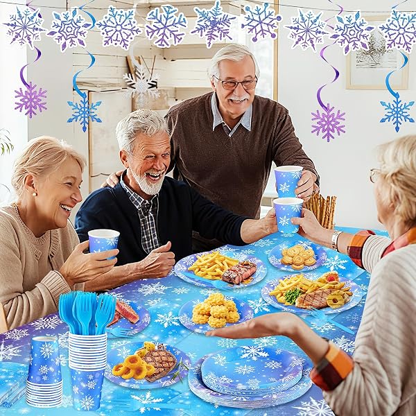 WINTER BIRTHDAY PARTY DECORATIONS SERVE 24, SNOWFLAKE WINTER WONDERLAND DECORATIONS DISPOSABLE TABLEWARE INCLUDES PAPER PLATES NAPKINS TABLECLOTH FOR CHRISTMAS WINTER HOLIDAY NEW YEAR BIRTHDAY PARTY