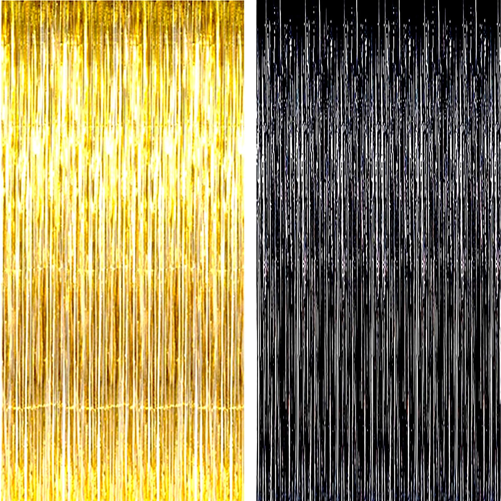 AILEXI 2 Pack 3ft*8ft Party Supplies Foil Fringe Shimmer Curtains, Door Window Decorations Streamers or Wall Backdrop Tinsels - Black Gold