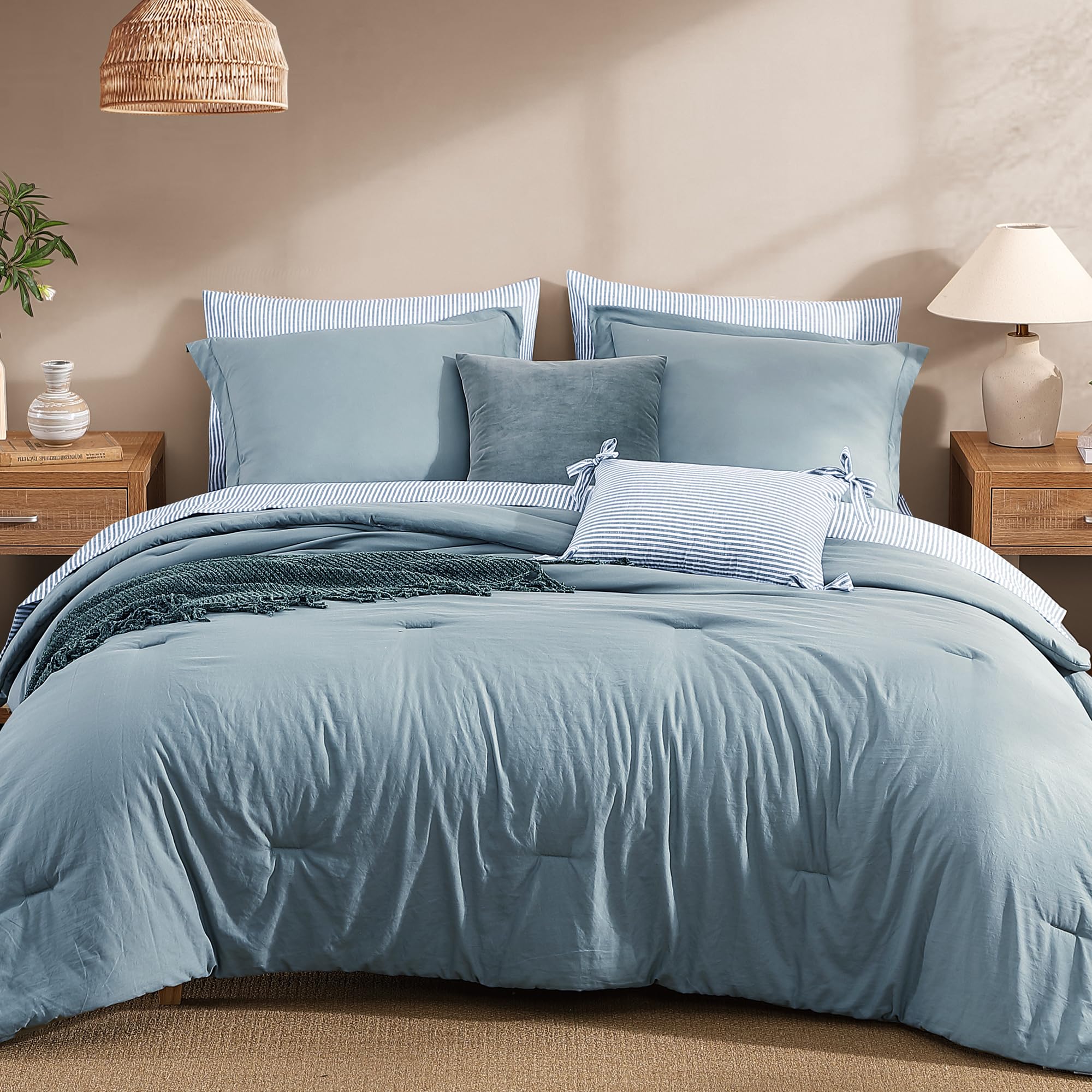 Photo 1 of ****Monbix Queen Comforter Set - 7 Pieces Dusty Blue Prewashed Bed in a Bag Queen Bedding Sets with Comforters, All Seasons Ultra Soft Comforter Bed Set with Sheets,Pillowcases & Shams