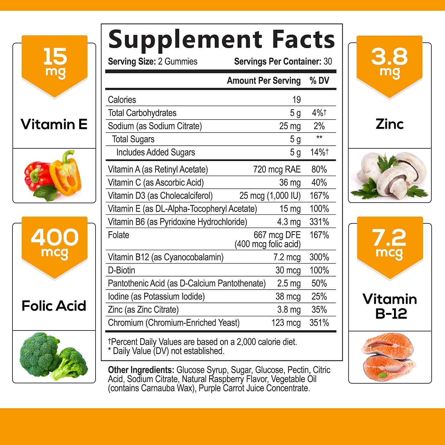 Adult Multivitamin Gummies with Vitamin C, D3 and Zinc for Immune Health Support - Natural Complete Daily Gummy Vitamin Supplement - Vegetarian Multi Vitamins for Men and Women - 60 Gummies: Health & Personal Care