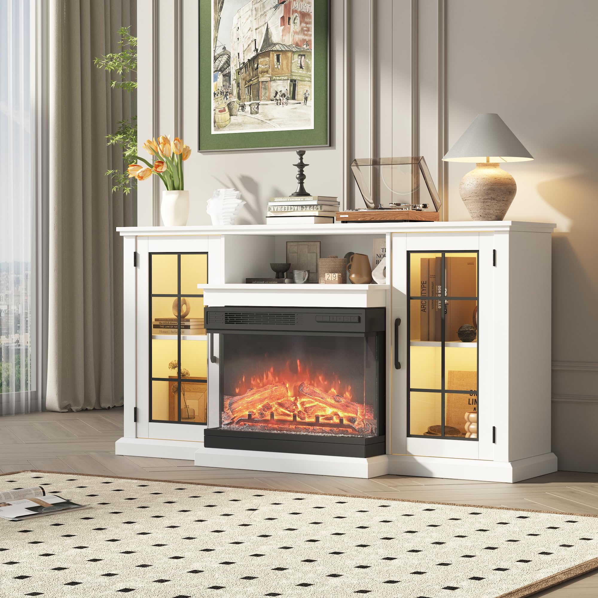 Photo 1 of **ASSEMBLY INSTRUCTIONS INCLUDED** GarveeTech 59'' Fireplace TV Stand, Entertainment Center with 24'' Fireplace, TV Console Cabinet with 2 Cabinet Door, Electric Fireplace Heater with Frame and LED Light Colors, White