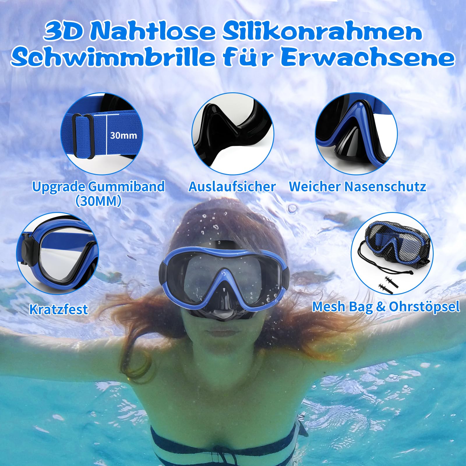 Tauchmaske, professionelle Anti-Beschlag-Schnorchelbrille, auslaufsichere Schwimmmaske mit weichem, verstellbarem Riemen und Netztasche, Ohrstöpsel 4