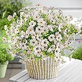 ATTGREAT Artificial Flowers Outdoor Faux Plants UV Resistant Fake Patio Flowers Plastic Greenery Plnats Outside Bulk for Spring Garden Hanging Planter Home Vase Decor, 12 Bundles (White)