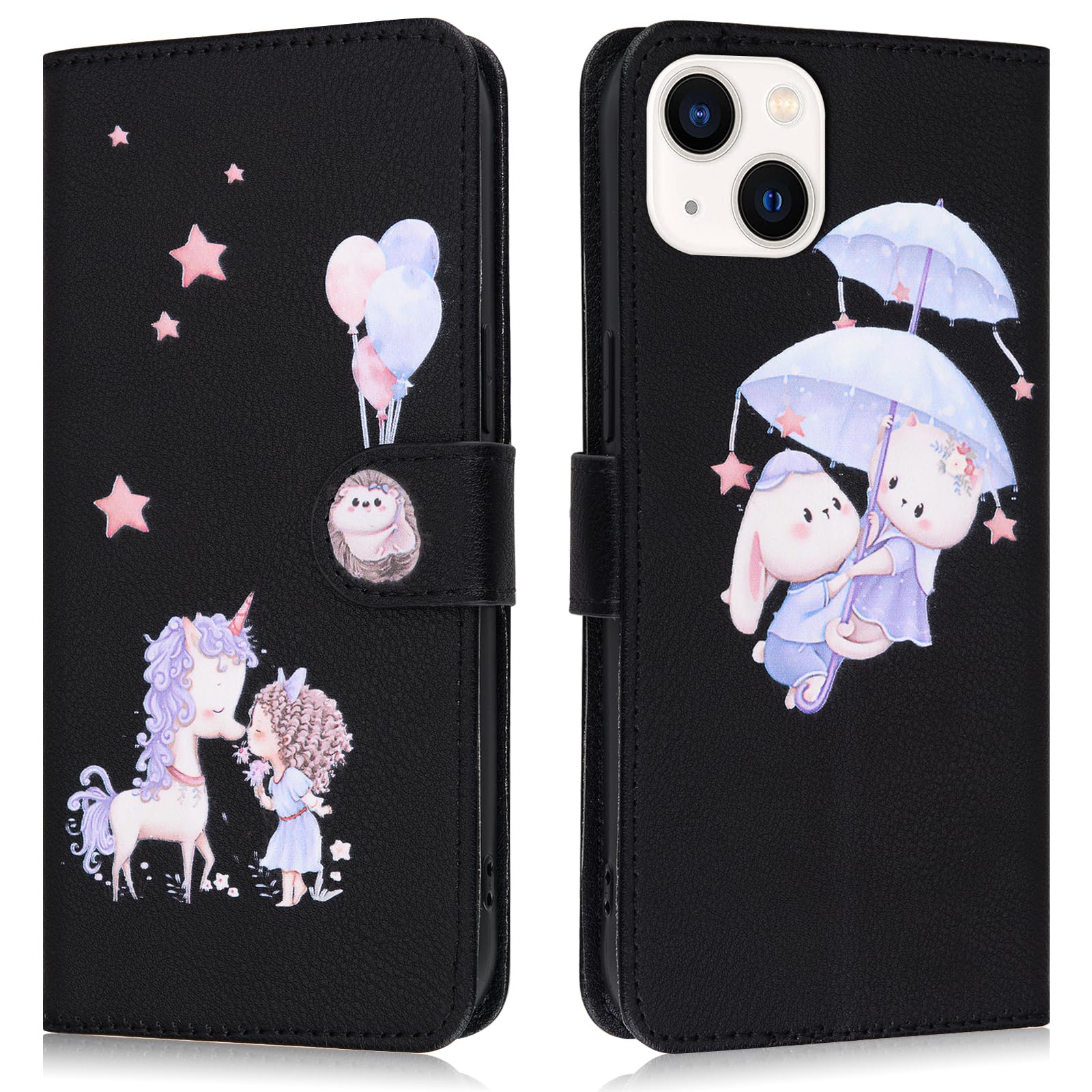 Butnyeoe for iPhone 15 Phone Case,iPhone 15 Wallet Case,PU Leather Magnetic Book Flip Protective Cover with Card Holder,Cute Unicorn Black
