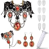 Joottuan Vampire Necklace Black Lace Choker Necklace Gothic Vampire Jewelry Set with with Red Rhinestone Bracelet Earrings Vampire Teeth Fangs for Women