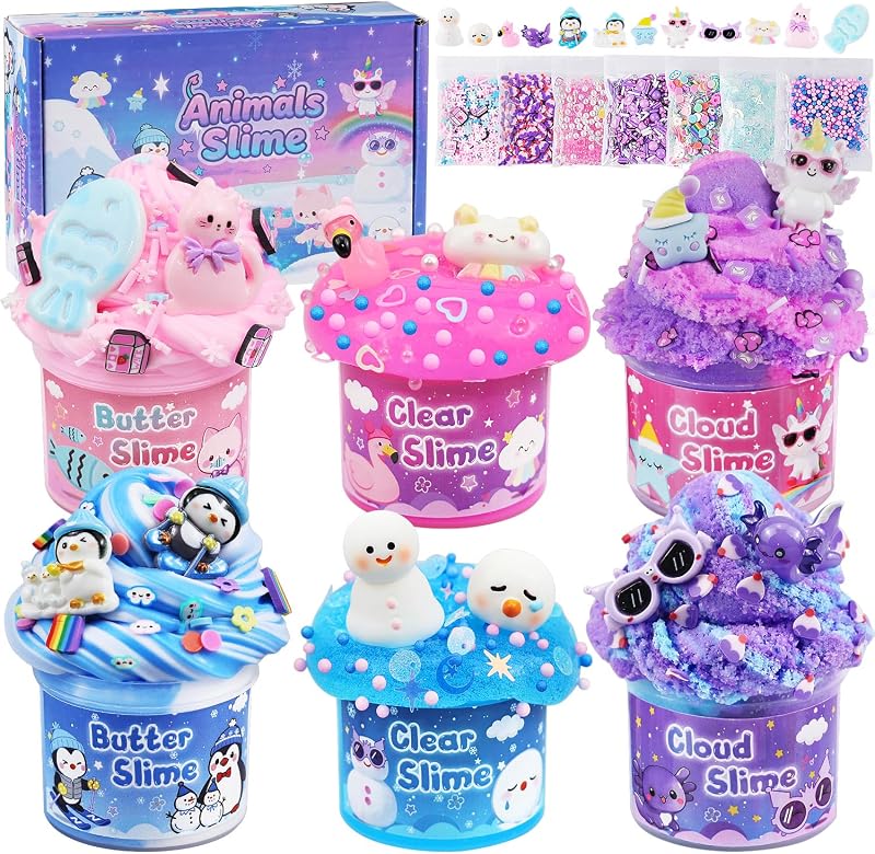 LAWOHO 6 Packs Axolotl Slime Kit Cloud Butter Clear Slime Set 360ml