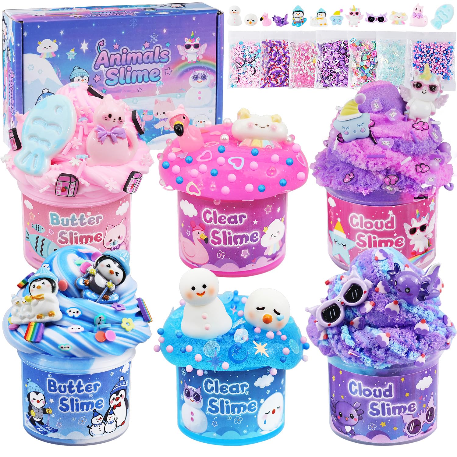 LAWOHO 6 Packs Axolotl Slime Kit - Cloud, Clear, Butter Slimes Kits for Girls & Boys, Non Sticky & Fluffy Kids Slime, Cloud Slimes with Charms & Add-ins, 360ml Girls Toys Slime Making Kit Cute Stuff