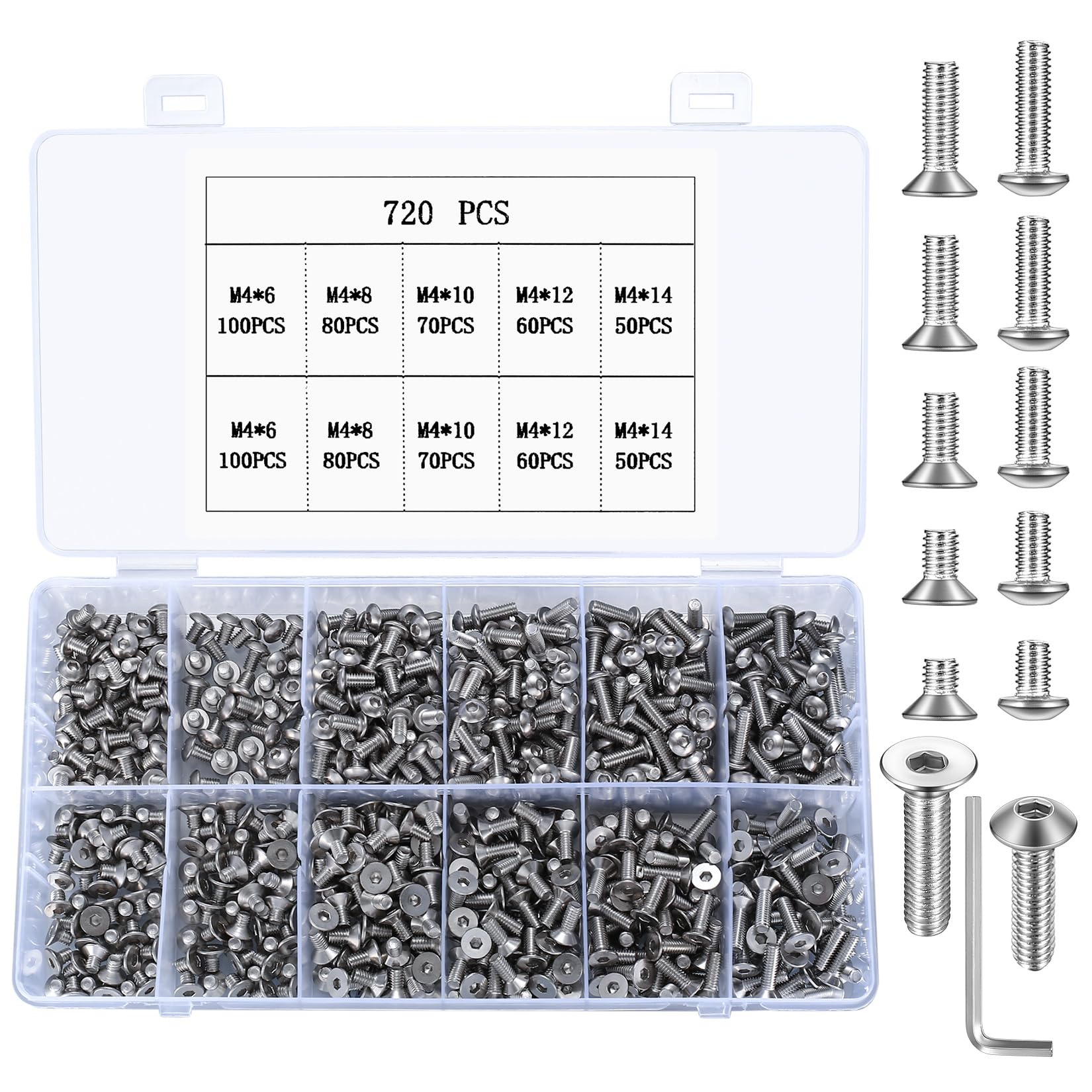 720 Pcs M4 Metric Hex Socket Head Cap Screws Bolts Set, Including 360 Pcs Countersunk Pan Head Screws, 360 Pcs Flat Head Screws for 3D Printer Machine - silver, 6mm/8mm/10mm/12mm/14mm — image 1