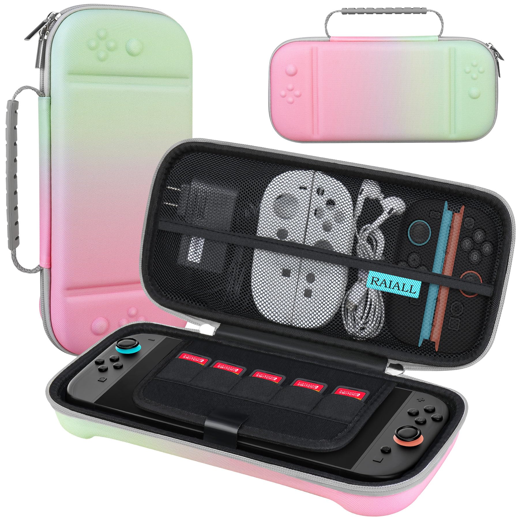 RAIALL Carrying Case for Nintendo Switch 2, Protective Hard Case with 5 Game Card Slots, Travel Cover Shell Pouch for Switch 2 Console, Charger, Joy-Con Controller, (Pink-Green-Gradient)