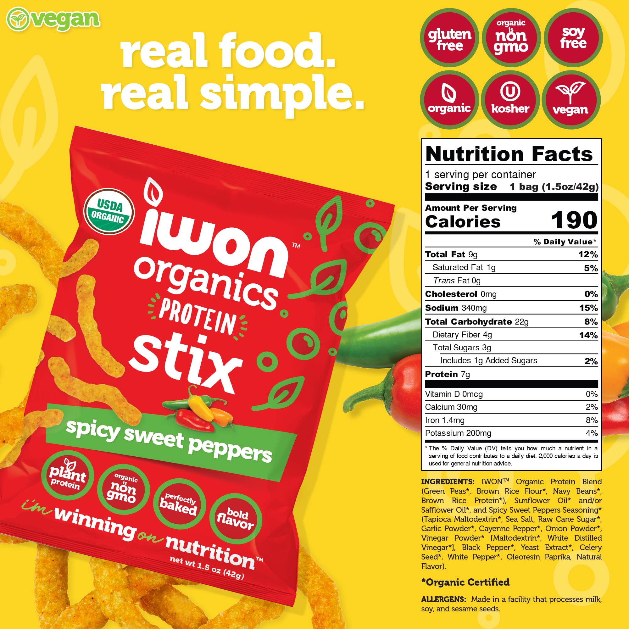 IWON Organics Spicy Sweet Pepper Flavor Snack Stix, High Protein and Organic Healthy Snacks, 8 Bags, 1.5 Ounce