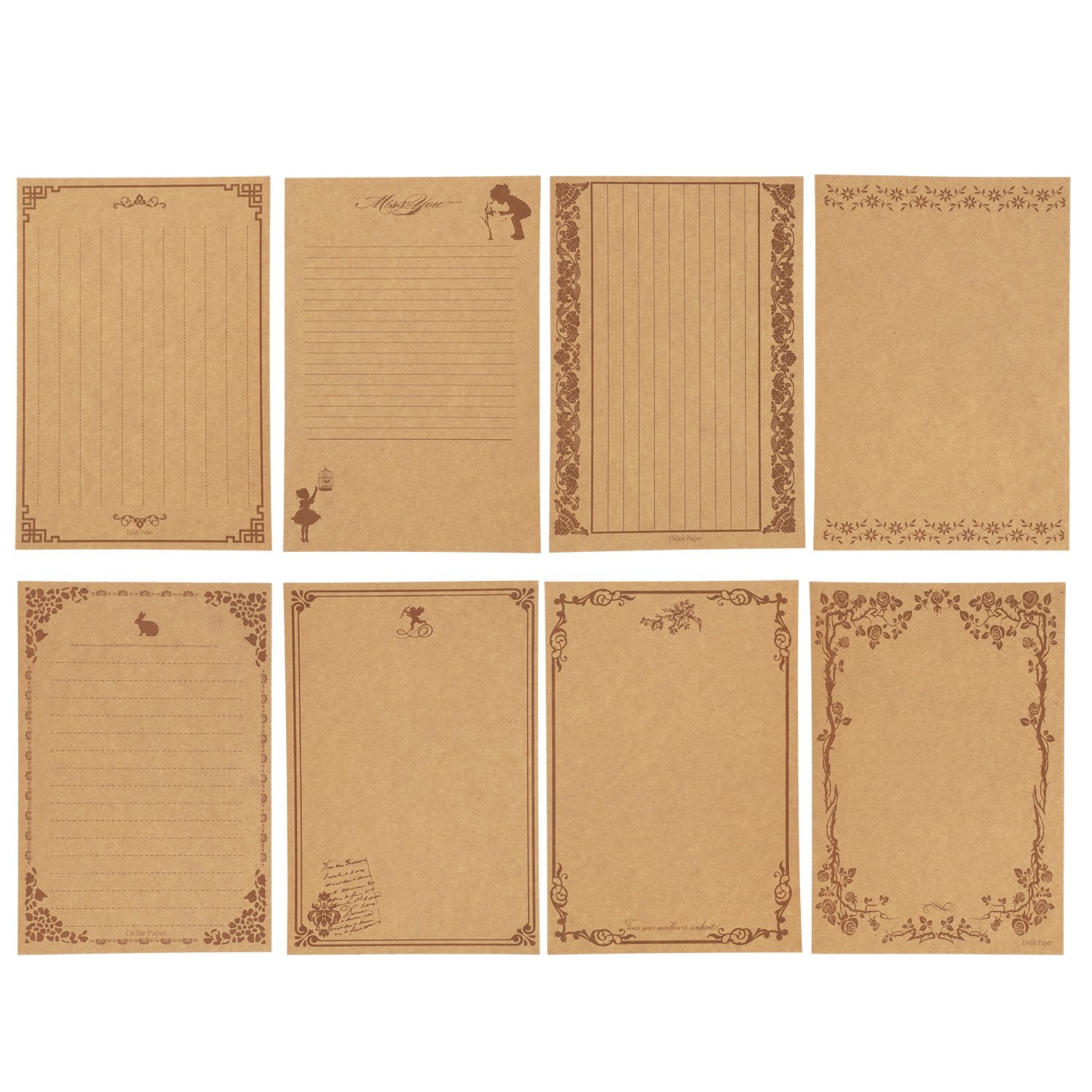 80 Sheets Vintage Letter Paper Lined Writing Paper Pad Writing Stationery Paper Set Assorted 40Pcs Lined Kraft Paper and 40Pcs Blank Paper with Retro Letterhead for Calligraphy Drawing Sketching