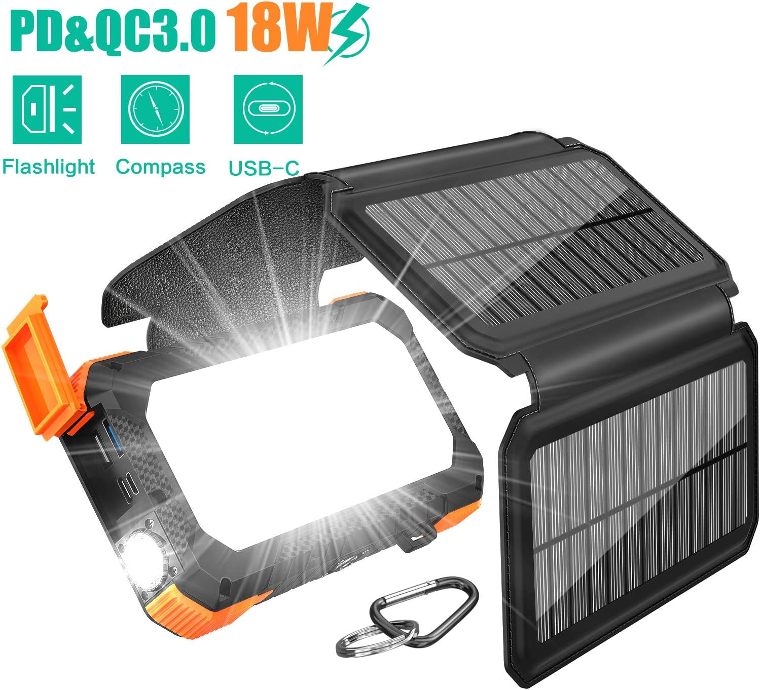 BLAVOR Solar Charger with Foldable Panels, Outdoor Power Bank 18W Fast Charging, 20,000mAh Solar Powered Charger with Camping Light/Flashlight/Compass Type C USB Charger 3 Outputs/Dual Inputs(Orange): Home Audio & Theater