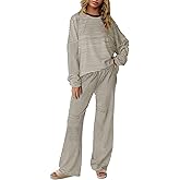 Panadila Womens 2 Piece Lounge Sets Striped Long Sleeve Pajama Set Oversized Tshirts Wide Leg Pant Loungewear