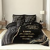 Herside Marble Queen Comforter Set with Sheets,8 Pieces Black and Gold Queen Bed in a Bag Set,Inspirational Positive Energy Words Quilt Set,Modern Marble Texture Luxury Bedding Set for All Seasons
