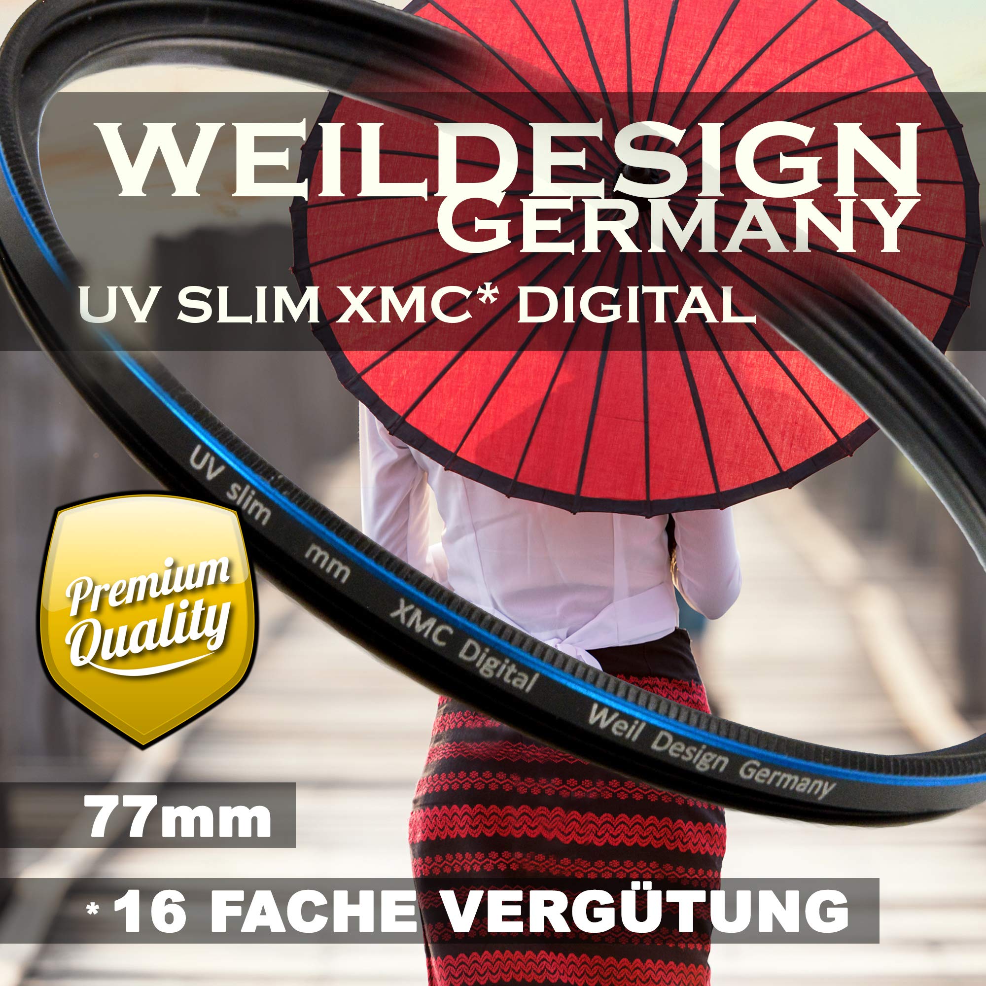 UV Filter 77 mm Weil Design Slim XMC Digital Because Design Germany * Lens Protection * Blocks ultraviolet UV Light * Front Thread * 16 times Hardened * Includes Filter Box (UV Slim Filter 77 mm)