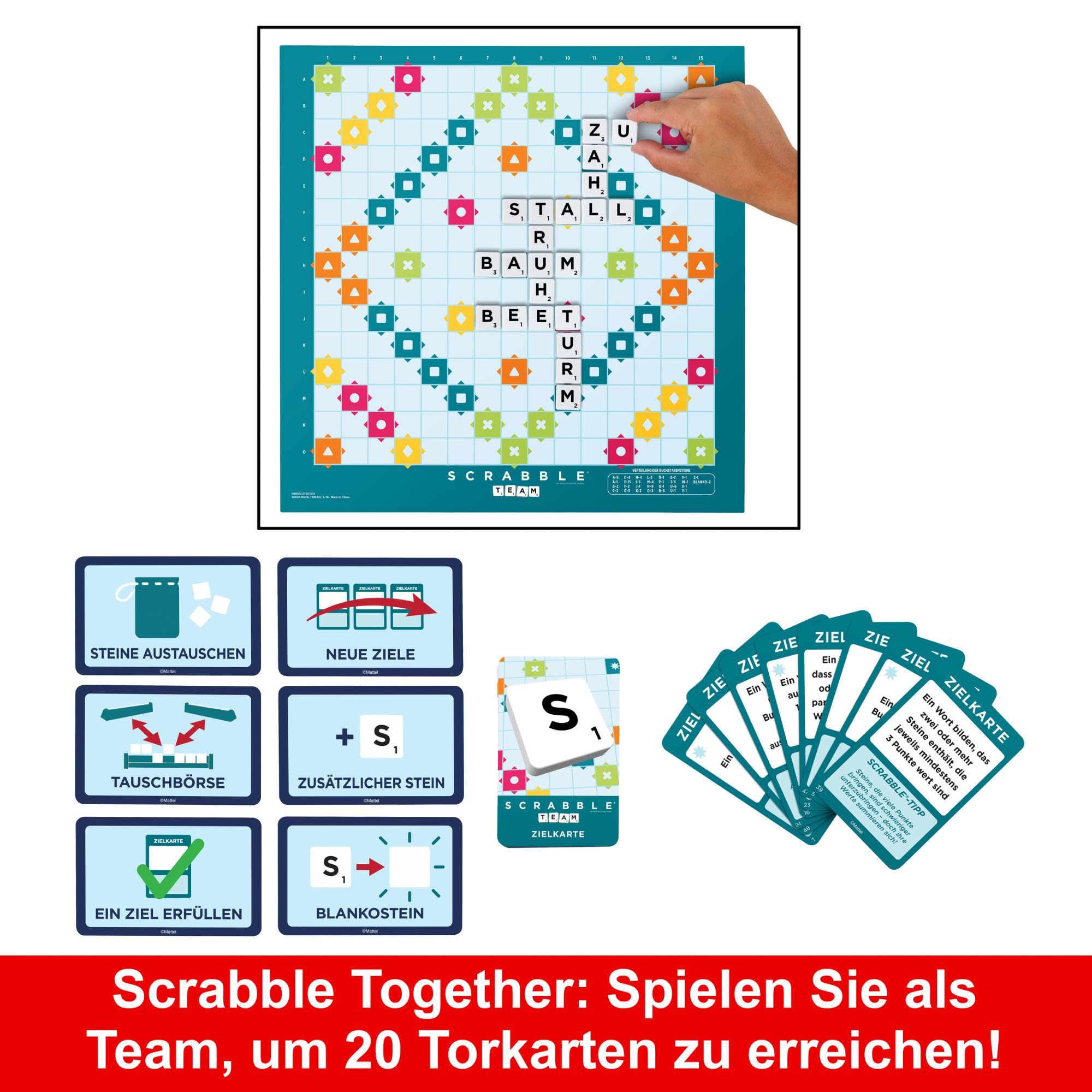 MATTEL GAMES Scrabble Zwei in Eins - Doppelseitiges Brettspiel für schnelles, zwangloses und kooperatives Spiel, inklusive 50 Zielkarten für Scrabble Together, einfache Punktevergabe, HWD45 4