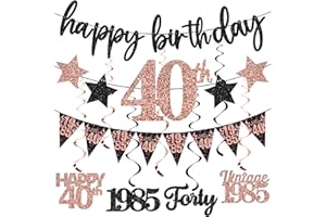 GUIRUIY 12PCS 40th Birthday Decorations for Women, Rose Gold Vintage 1985 Happy 40th Birthday Banner Triangle Flag Banner Glitter Hanging Swirls Party Supplies, Cheers to 40 Years Old Bday Decor