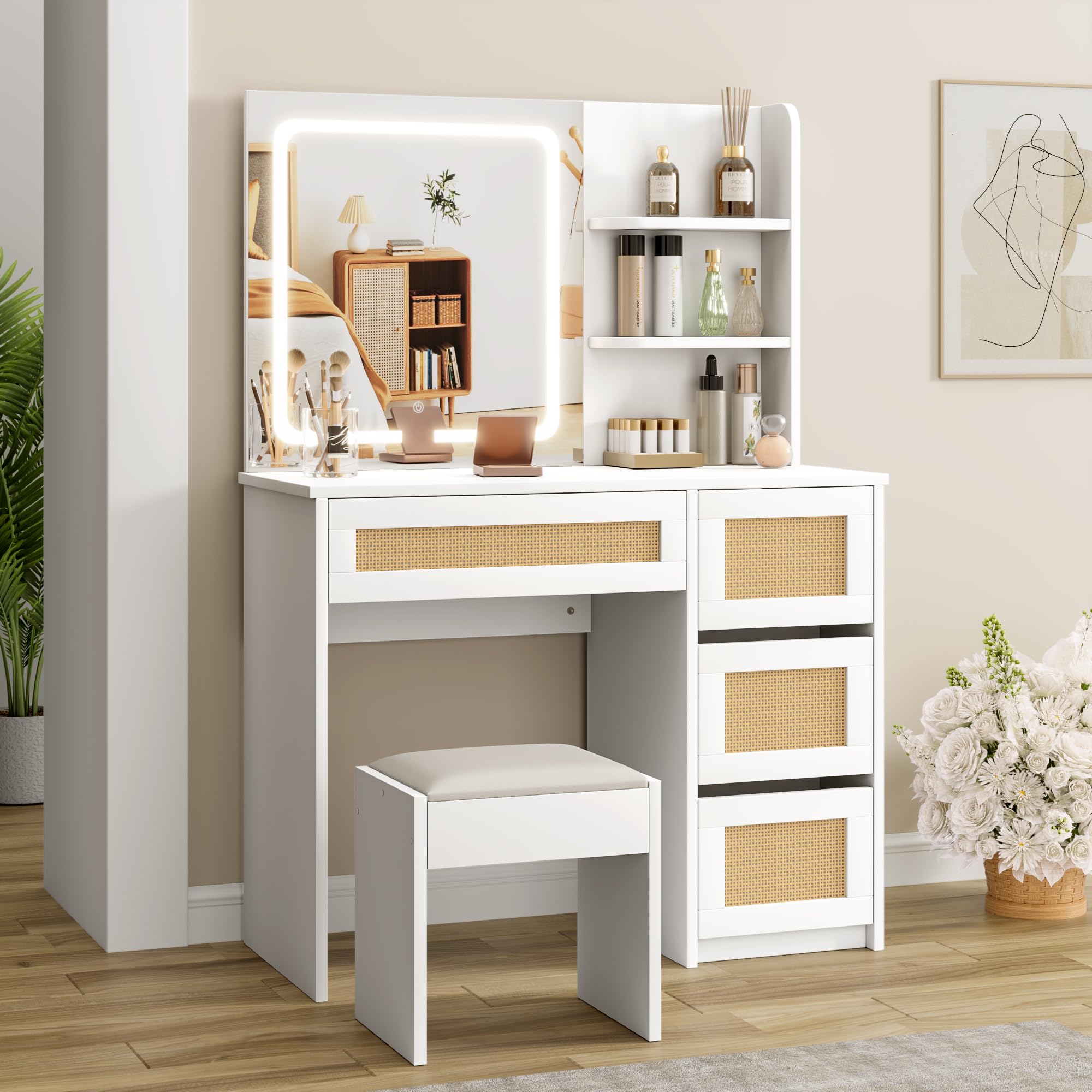 Photo 1 of ***missing hardware*** GAOMON Vanity Desk with Mirror and Lights, Rattan Makeup Vanity Desk with 4 Drawers and 3 Tiers of Open Shelves, Boho Vanity Table with Large Storage Space, for Bedroom, White