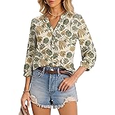 LOMON Womens Tops Dressy 3/4 Length Sleeve Henley V Neck Button Down Shirts Pleated Blouses S-XXL