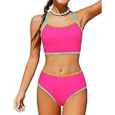 Oranchids Girls Swimsuit Colorful Contrast Trim Bikini Set Two Piece Bathing Suit Solid Color Girls' Swimwear 9-16T