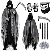 Zoyomax Grim Reaper Costume, 5 Pcs Halloween Set with Scythe, Mask & Gloves | Tattered Cloak, Scythe, Chain, Gloves & Mask. Unisex Adult Halloween Outfit for Scary Cosplay