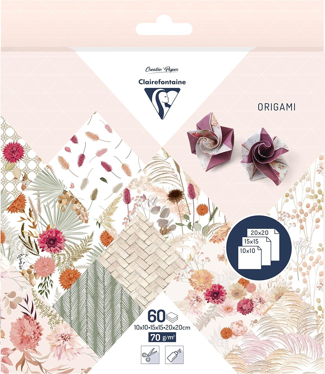 Clairefontaine 95371C 60 Sheets of Origami Paper Case Dried Flowers 70gsm 3 Sizes (10x10cm 15x15cm 20x20cm) 10 Ast coloured Designs X 2 Adult Creative
