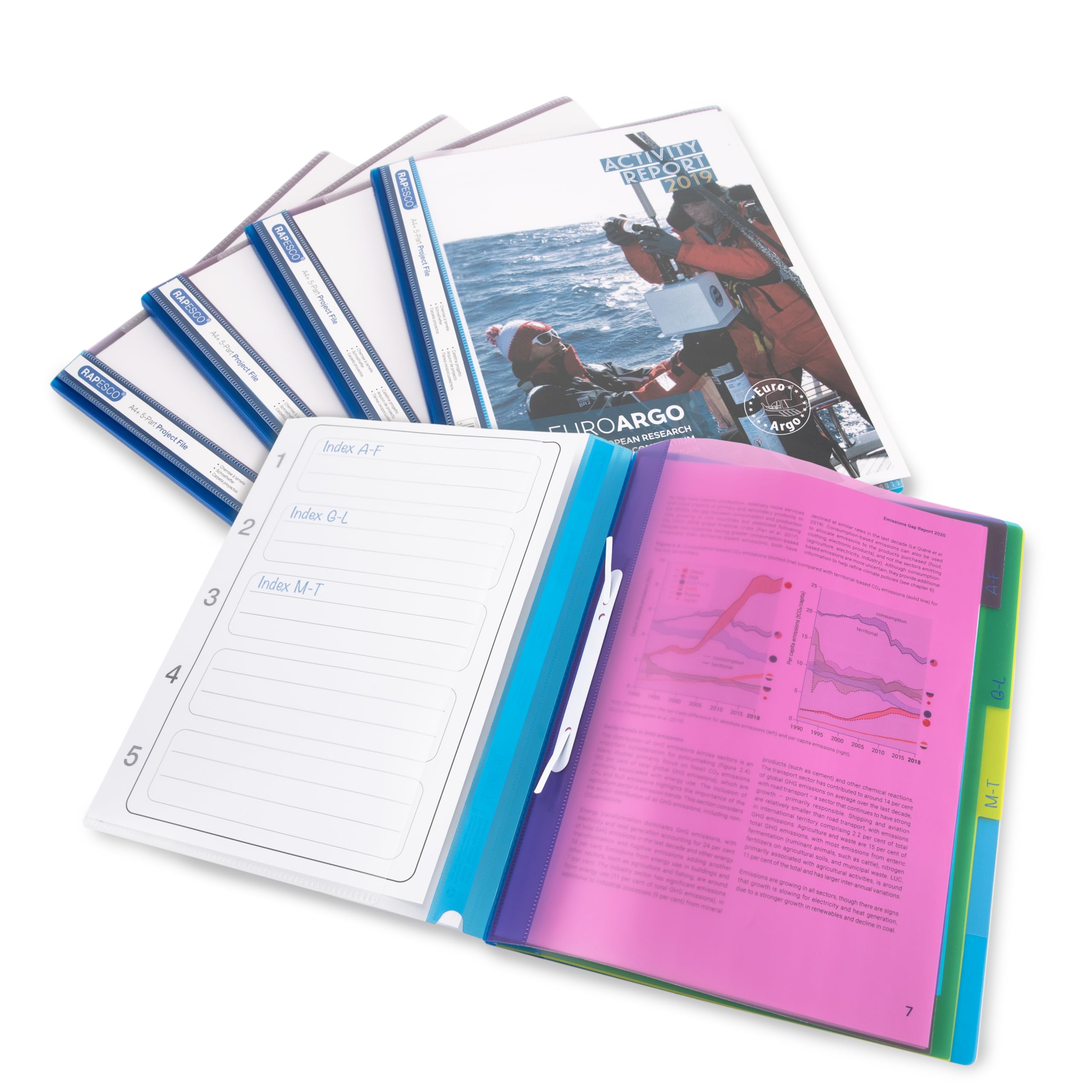 Rapesco 0668 Multi-Part Project File, A4, Transparent with Coloured Dividers, Pack of 5