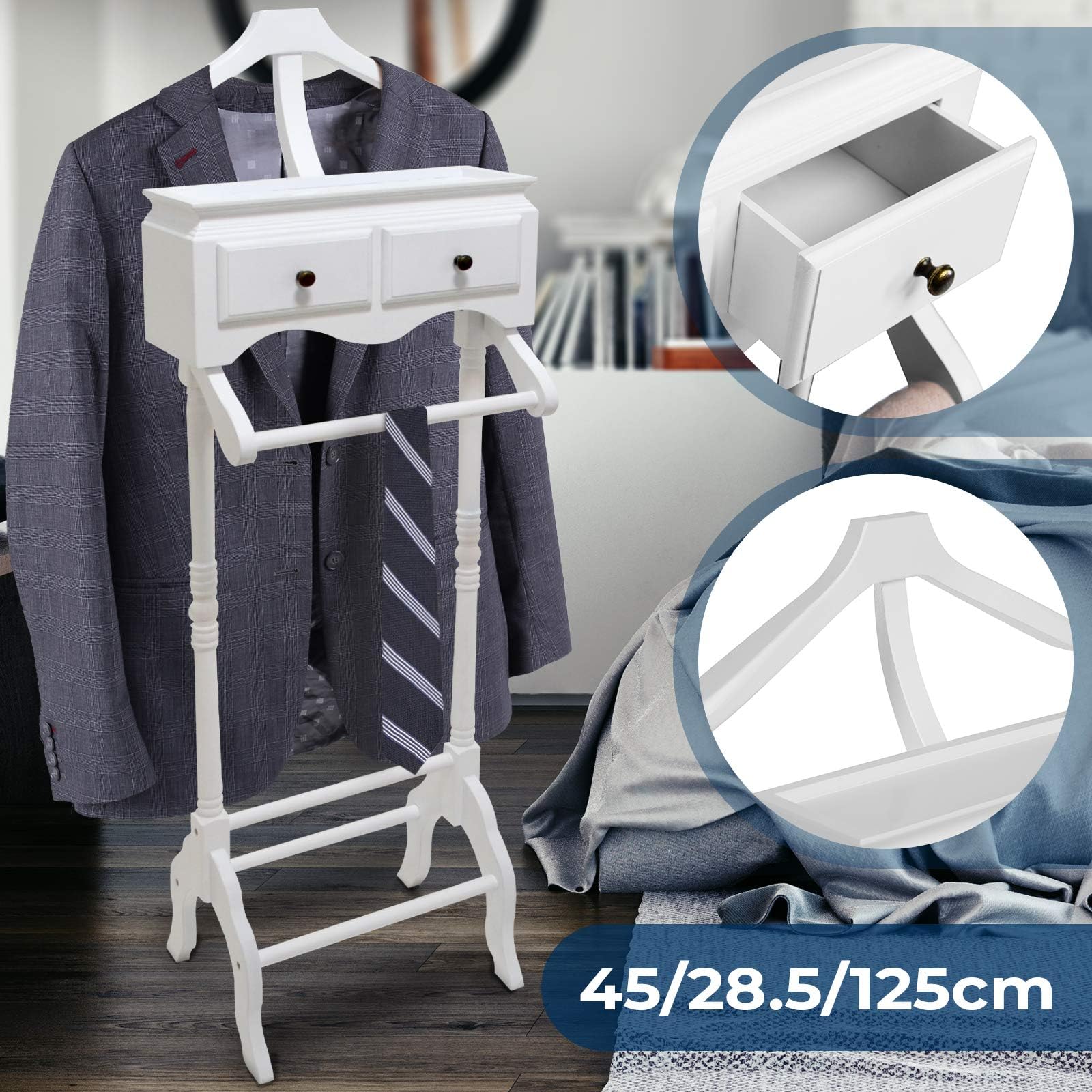 MIADOMODO Valet Stand - 45x28.5x125cm, With 2 Drawers, Pine Wood, White - Suit Hanger, Clothes Stand, Bedroom Valet For Belts, Shoes, Suit