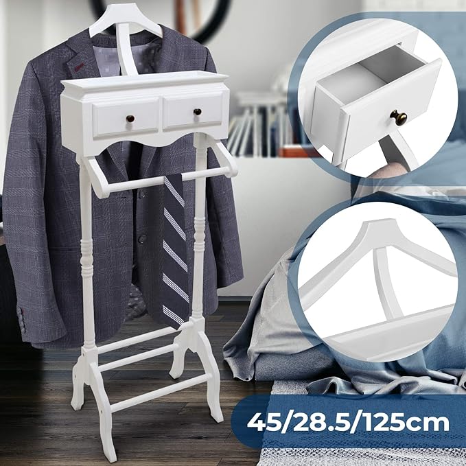 MIADOMODO Valet Stand 45x28.5x125cm, With 2 Drawers, Pine Wood, White